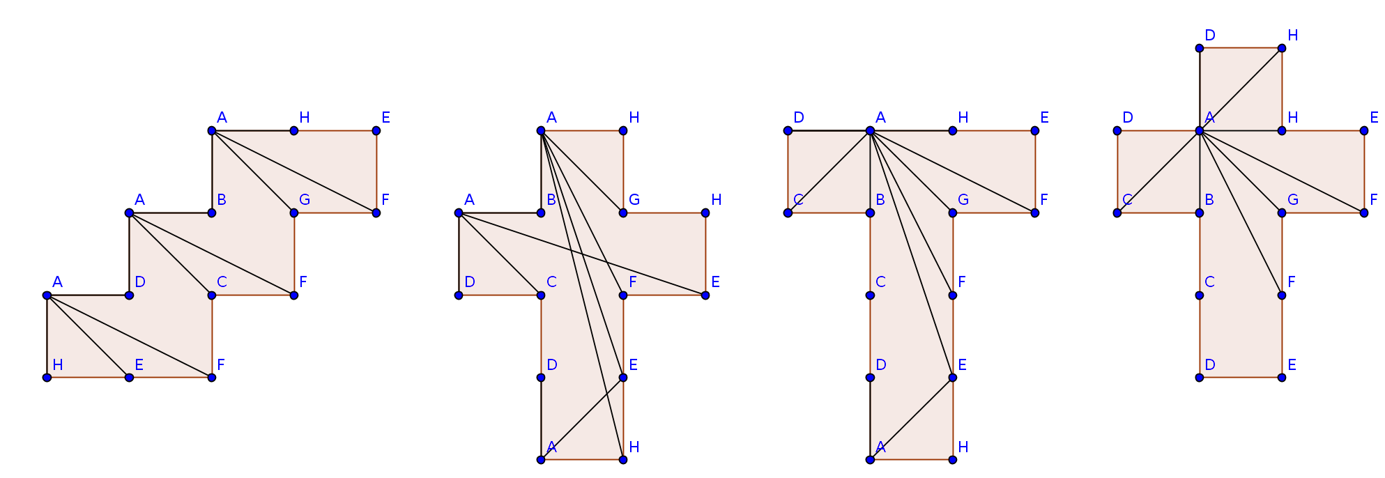 Représentations de chemins géodésiques entre un sommet du cube et les autres sommets.