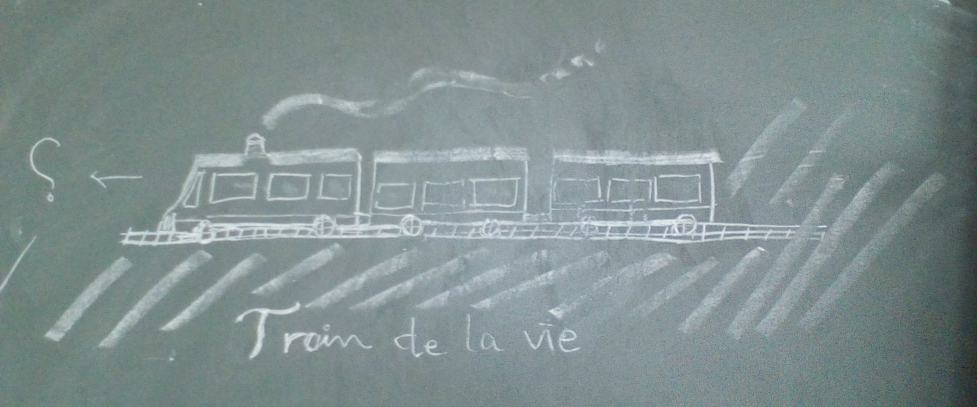 Dessin à la craie sur un tableau representant un train à vapeur.